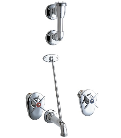 Chicago Faucets 911-ISXKCCP Hot and Cold Water Sink Faucet with Integral Service Stops, 8" Centers, 5-3/4" Rigid Spout with Wall Flange and Pail Hook, Elevated Vacuum Breaker Assembly, Ceramic Cartridge with Integrated Check Valve, 3" Cross Handle