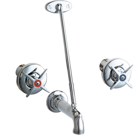 Chicago Faucets 911-LEVB Hot and Cold Water Sink Faucet, 8" Fixed Centers, 5-3/4" Rigid Spout with Wall Flange and Pail Hook, 3" Cross Handle