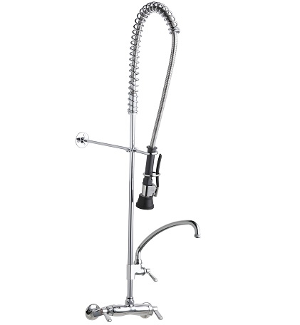 Chicago Faucets 923-TFH613XKCAB Wall Mounted Pre-Rinse Fitting with 613-A Adapta-Faucet, Adjustable Arms for 3" - 8-3/8" Centers, 9-1/2" L-Type Swing Spout, 0.91 / 0.99 GPM at 60 PSI Water Conserving Triple Force Spray Valve, 2-3/8" Lever Handle