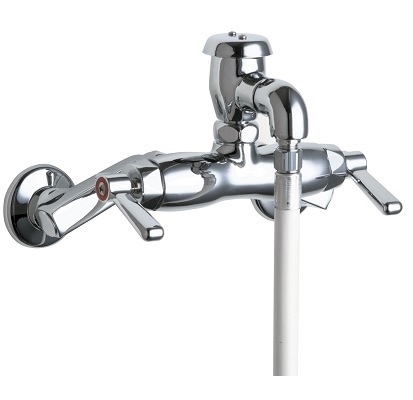 Chicago Faucets 956-RXKCCP Hot and Cold Water Sink Faucet, Adjustable Arms for 3" - 8-3/8" Centers, 2-3/8" Vacuum Breaker Spout, 5 Foot White Vinyl Hose, Integral Shut-off Stop, Ceramic Cartridge with Integrated Check Valve, 2-3/8" Lever Handle