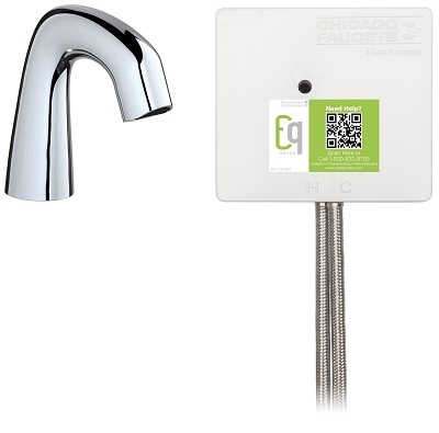 Chicago Faucets EQ-A11C-13ABCP Electronic Lavatory Sink Faucet with Hands-free Infrared Detection, EQ Series, Curved Spout, Dual Supply, 0.35 GPM Econo-Flo Non-Aerating Spray, Battery Powered, Concealed Thermostatic Mixing Valve, Polished Chrome