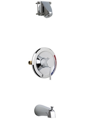 Chicago Faucets SH-PB1-05-100 Tub and Shower System with Pressure Balancing Valve, 1.5 GPM Wall Mounted Institutional Shower Head, 5-3/8" Tub Spout with Diverter