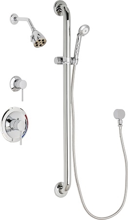 Chicago Faucets SH-PB1-11-014 Tub and Shower System with Pressure Balancing Valve, 2.5 GPM Max. Flow Rate at 80 PSI Shower Head, 2.5 GPM Hand Spray with 59" Stainless Steel Hose, 36" Wall Mounted ADA Grab Bar with Hand Spray Holder
