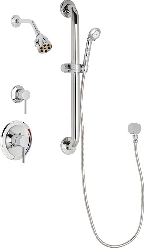 Chicago Faucets SH-PB1-11-033 Tub and Shower System with Pressure Balancing Valve, 2.5 GPM Max. Flow Rate at 80 PSI Shower Head, 1.5 GPM Hand Spray with 59" Stainless Steel Hose, 24" Wall Mounted ADA Grab Bar with Hand Spray Holder
