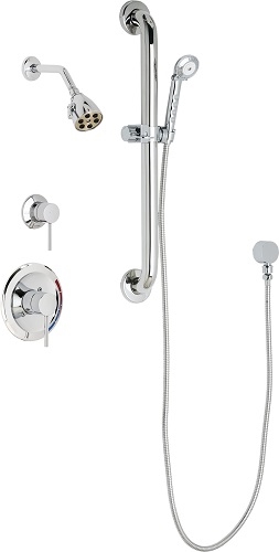 Chicago Faucets SH-PB1-11-043 Tub and Shower System with Pressure Balancing Valve, 2.5 GPM Max. Flow Rate at 80 PSI Shower Head, 1.5 GPM Hand Spray with 69" Stainless Steel Hose, 24" Wall Mounted ADA Grab Bar with Hand Spray Holder