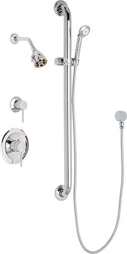 Chicago Faucets SH-PB1-11-044 Tub and Shower System with Pressure Balancing Valve, 2.5 GPM Max. Flow Rate at 80 PSI Shower Head, 1.5 GPM Hand Spray with 69" Stainless Steel Hose, 36" Wall Mounted ADA Grab Bar with Hand Spray Holder