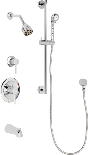 Chicago Faucets SH-PB1-11-111 Tub and Shower System with Pressure Balancing Valve, 2.5 GPM Max. Flow Rate at 80 PSI Shower Head, 2.5 GPM Hand Spray with 59" Stainless Steel Hose, 24" Wall Mounted Slide Bar with Hand Spray Holder, Diverter Tub Spout