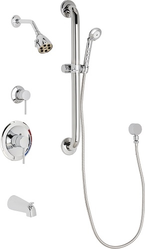 Chicago Faucets SH-PB1-11-133 Tub and Shower System with Pressure Balancing Valve, 2.5 GPM Max. Flow Rate at 80 PSI Shower Head, 1.5 GPM Hand Spray with 59" Stainless Steel Hose, 24" Wall Mount ADA Grab Bar with Hand Spray Holder, Diverter Tub Spout