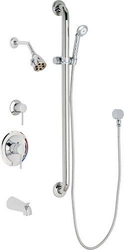 Chicago Faucets SH-PB1-11-144 Tub and Shower System with Pressure Balancing Valve, 2.5 GPM Max. Flow Rate at 80 PSI Shower Head, 1.5 GPM Hand Spray with 69" Stainless Steel Hose, 36" Wall Mount ADA Grab Bar with Hand Spray Holder, Diverter Tub Spout