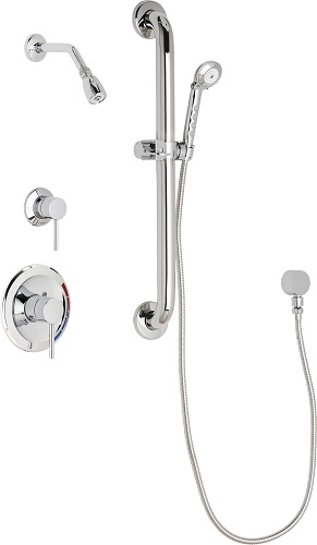 Chicago Faucets SH-PB1-12-013 Tub and Shower System with Pressure Balancing Valve, 2.5 GPM Max. Flow Rate at 80 PSI Shower Head with Ball Joint, 2.5 GPM Hand Spray with 59" Stainless Steel Hose, 24" Wall Mounted ADA Grab Bar with Hand Spray Holder