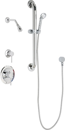 Chicago Faucets SH-PB1-12-023 Tub and Shower System with Pressure Balancing Valve, 2.5 GPM Max. Flow Rate at 80 PSI Shower Head with Ball Joint, 2.5 GPM Hand Spray with 69" Stainless Steel Hose, 24" Wall Mounted ADA Grab Bar with Hand Spray Holder
