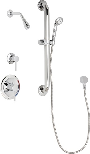 Chicago Faucets SH-PB1-13-013 Tub and Shower System with Pressure Balancing Valve, 1.5 GPM Max. Flow Rate at 80 PSI Shower Head with Ball Joint, 59" Stainless Steel Hose and Hand Spray, 24" Wall Mounted ADA Grab Bar with Hand Spray Holder