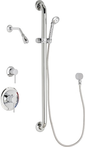 Chicago Faucets SH-PB1-13-014 Tub and Shower System with Pressure Balancing Valve, 1.5 GPM Max. Flow Rate at 80 PSI Shower Head with Ball Joint, 59" Stainless Steel Hose and Hand Spray, 36" Wall Mounted ADA Grab Bar with Hand Spray Holder