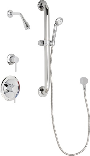 Chicago Faucets SH-PB1-13-033 Tub and Shower System with Pressure Balancing Valve, 1.5 GPM Max. Flow Rate at 80 PSI Hand Spray and Shower Head with Ball Joint, 59" Stainless Steel Hose, 24" Wall Mounted ADA Grab Bar with Hand Spray Holder