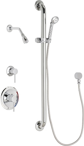 Chicago Faucets SH-PB1-13-034 Tub and Shower System with Pressure Balancing Valve, 1.5 GPM Max. Flow Rate at 80 PSI Hand Spray and Shower Head with Ball Joint, 59" Stainless Steel Hose, 36" Wall Mounted ADA Grab Bar with Hand Spray Holder