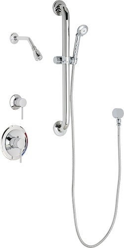 Chicago Faucets SH-PB1-13-043 Tub and Shower System with Pressure Balancing Valve, 1.5 GPM Max. Flow Rate at 80 PSI Hand Spray and Shower Head with Ball Joint, 69" Stainless Steel Hose, 24" Wall Mounted ADA Grab Bar with Hand Spray Holder
