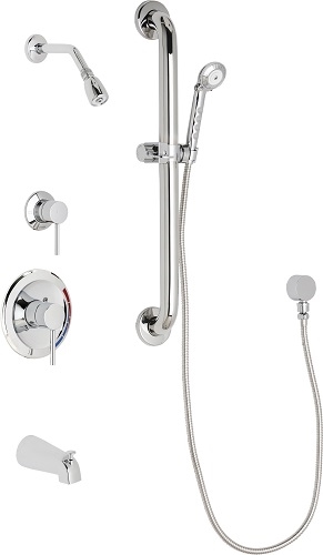 Chicago Faucets SH-PB1-13-133 Tub and Shower System with Pressure Balancing Valve, 1.5 GPM Max. Flow Rate at 80 PSI Shower Head with Ball Joint, 1.5 GPM Hand Spray with 59" Stainless Steel Hose, 24" Wall Mounted ADA Grab Bar, Diverter Tub Spout