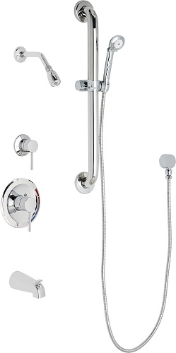 Chicago Faucets SH-PB1-13-143 Tub and Shower System with Pressure Balancing Valve, 1.5 GPM Max. Flow Rate at 80 PSI Shower Head with Ball Joint, 1.5 GPM Hand Spray with 69" Stainless Steel Hose, 24" Wall Mounted ADA Grab Bar, Diverter Tub Spout