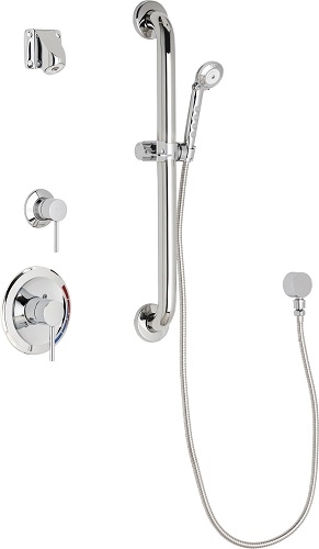 Chicago Faucets SH-PB1-14-013 Tub and Shower System with Pressure Balancing Valve, 2.0 GPM Wall Mounted Institutional Shower Head, 59" Stainless Steel Hose and Hand Spray, 24" ADA Grab Bar with Hand Spray Holder