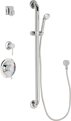 Chicago Faucets SH-PB1-14-034 Tub and Shower System with Pressure Balancing Valve, 2.0 GPM Wall Mounted Institutional Shower Head, 59" Stainless Steel Hose and 1.5 GPM Hand Spray, 36" ADA Grab Bar with Hand Spray Holder