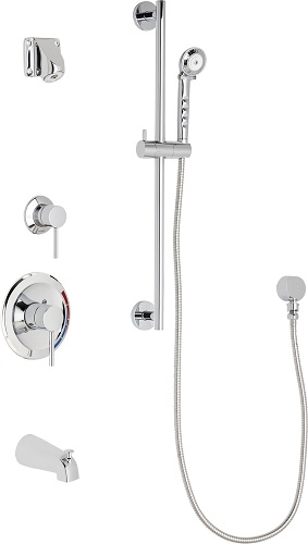 Chicago Faucets SH-PB1-14-131 Tub and Shower System with Pressure Balancing Valve, 2.0 GPM Wall Mounted Institutional Shower Head, 59" Stainless Steel Hose and 1.5 GPM Hand Spray, 24" Slide Bar with Hand Spray Holder, Diverter Tub Spout