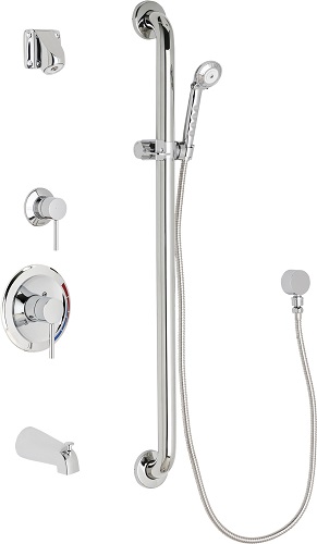 Chicago Faucets SH-PB1-15-134 Tub and Shower System with Pressure Balancing Valve, 1.5 GPM Wall Mounted Institutional Shower Head, 59" Stainless Steel Hose and 1.5 GPM Hand Spray, 36" ADA Grab Bar with Hand Spray Holder, Diverter Tub Spout