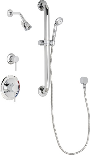 Chicago Faucets SH-PB1-16-013 Tub and Shower System with Pressure Balancing Valve, 2.5 GPM Shower Head with Adjustable Spray Pattern, 59" Stainless Steel Hose and 2.5 GPM Hand Spray, 24" Wall Mounted ADA Grab Bar with Hand Spray Holder