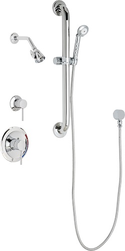 Chicago Faucets SH-PB1-16-023 Tub and Shower System with Pressure Balancing Valve, 2.5 GPM Shower Head with Adjustable Spray Pattern, 69" Stainless Steel Hose and 2.5 GPM Hand Spray, 24" Wall Mounted ADA Grab Bar with Hand Spray Holder