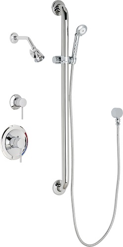 Chicago Faucets SH-PB1-16-044 Tub and Shower System with Pressure Balancing Valve, 2.5 GPM Shower Head with Adjustable Spray Pattern, 69" Stainless Steel Hose and 1.5 GPM Hand Spray, 36" Wall Mounted ADA Grab Bar with Hand Spray Holder