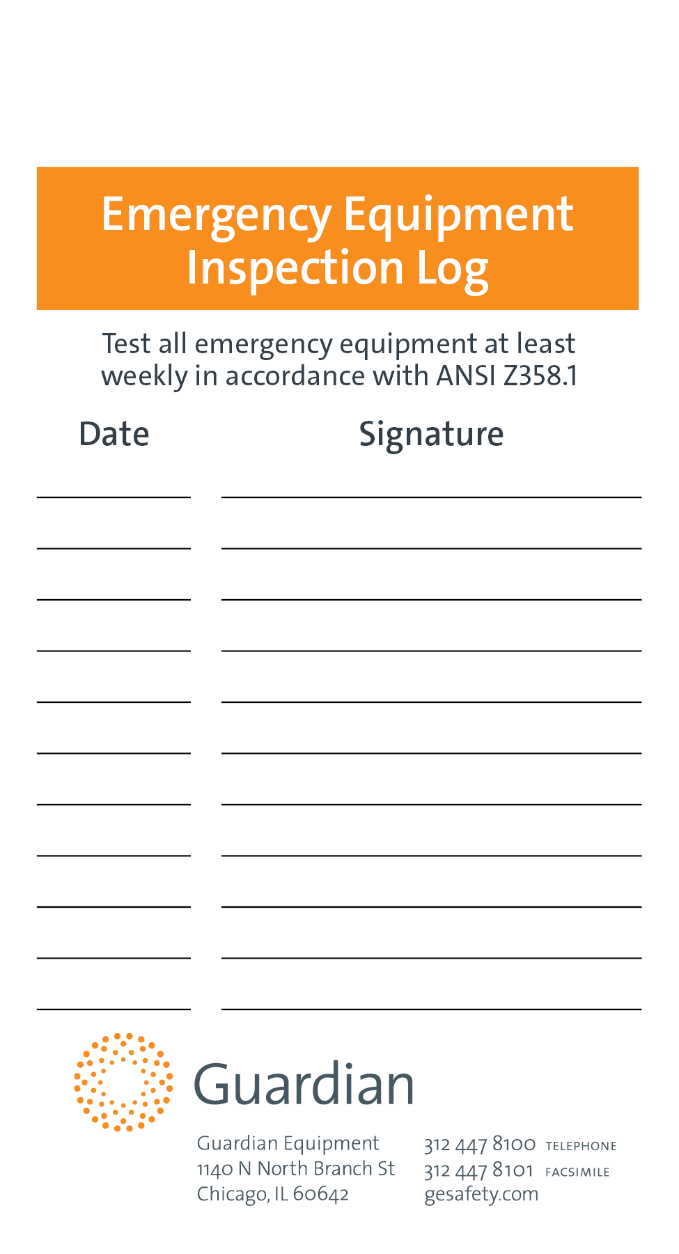 Guardian 250-060R Emergency Equipment Inspection Log (Pkg. of 20)