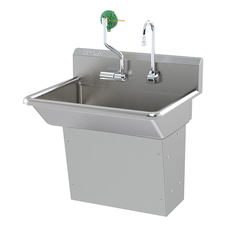 Haws 7660 Hand Wash Sink with AXION Eye/Face Wash and Touchless Gooseneck Faucet, 24" Width