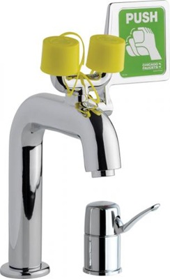 Chicago Faucets 8451-TABCP Single Handle Emergency Eyewash with Faucet, 2.2 GPM Softflo Aerator, Thermostatic Mixing Valve with Cold Water Bypass