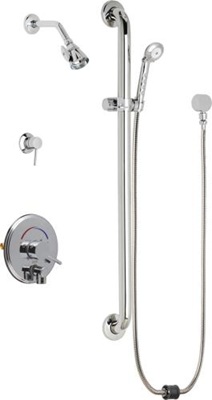 Chicago Faucets SH-PB4-36-024 Tub and Shower System, Pressure Balancing with Auto Drain, 2.5 GPM Shower Head with Adjustable Spray Pattern, Auto Drain Hose and 2.5 GPM Hand Spray, 36" Wall Mounted ADA Grab Bar with Hand Spray Holder
