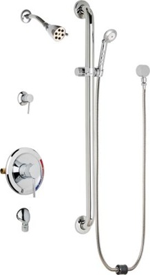 Chicago Faucets SH-PB5-31-024 Tub and Shower System, Pressure Balancing with Auto Drain, 2.5 GPM Shower Head with Adjustable Spray Pattern, Auto Drain Hose and 2.5 GPM Hand Spray, 36" Wall Mounted ADA Grab Bar with Hand Spray Holder