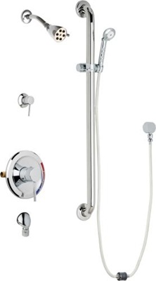 Chicago Faucets SH-PB5-31-034 Tub and Shower System, Pressure Balancing with Auto Drain, 2.5 GPM Shower Head with Adjustable Spray Pattern, Auto Drain Hose and 2.5 GPM Hand Spray, 36" Wall Mounted ADA Grab Bar with Hand Spray Holder