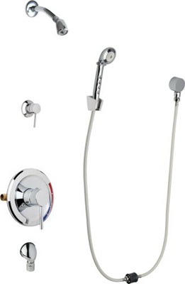 Chicago Faucets SH-PB5-33-030 Tub and Shower System, Pressure Balancing with Auto Drain, 1.5 GPM Shower Head with Swivel Ball Joint, Auto Drain Hose and 2.5 GPM Hand Spray