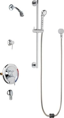 Chicago Faucets SH-PB5-33-041 Tub and Shower System, Pressure Balancing with Auto Drain, 1.5 GPM Shower Head with Swivel Ball Joint, Auto Drain Hose and 1.5 GPM Hand Spray, 24" Wall Mounted Slide Bar with Hand Spray Holder