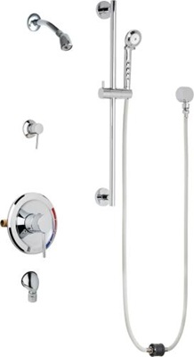 Chicago Faucets SH-PB5-33-051 Tub and Shower System, Pressure Balancing with Auto Drain, 1.5 GPM Shower Head with Swivel Ball Joint, Auto Drain Hose and 1.5 GPM Hand Spray, 24" Wall Mounted Slide Bar with Hand Spray Holder