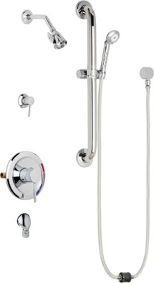 Chicago Faucets SH-PB5-36-053 Tub and Shower System, Pressure Balancing with Auto Drain, 2.5 GPM Shower Head with Adjustable Spray Pattern, Auto Drain Hose and 1.5 GPM Hand Spray, 24" Wall Mounted ADA Grab Bar with Hand Spray Holder