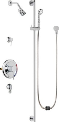 Chicago Faucets SH-PB5-37-042 Tub and Shower System, Pressure Balancing with Auto Drain, 1.5 GPM Shower Head with Adjustable Spray Pattern, Auto Drain Hose and 1.5 GPM Hand Spray, 48" Wall Mounted Slide Bar with Hand Spray Holder