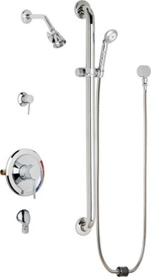 Chicago Faucets SH-PB5-37-044 Tub and Shower System, Pressure Balancing with Auto Drain, 1.5 GPM Shower Head with Adjustable Spray Pattern, Auto Drain Hose and 1.5 GPM Hand Spray, 36" Wall Mounted ADA Grab Bar with Hand Spray Holder