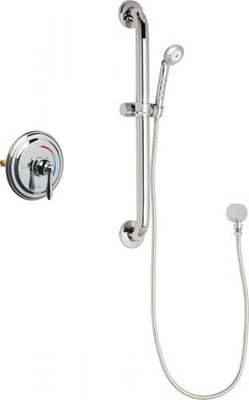 Chicago Faucets SH-TP1-00-023 Round Tub and Shower System with Pressure Balancing Valve, 2.5 GPM Hand Spray with 69" Stainless Steel Hose, 24" Wall Mounted ADA Grab Bar with Hand Spray Holder
