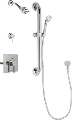 Chicago Faucets SH-TP2-11-013 Square Tub and Shower System with Pressure Balancing Valve, 2.5 GPM Max. Flow Rate at 80 PSI Shower Head, 2.5 GPM Hand Spray with 59" Stainless Steel Hose, 24" Wall Mounted ADA Grab Bar with Hand Spray Holder