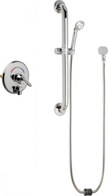 Chicago Faucets SH-TP4-00-063 Tub and Shower System with Pressure Balancing Valve and Auto Drain, 1.75 GPM Hand Spray with Two 34" Stainless Steel Hoses, 24" Wall Mounted ADA Grab Bar with Hand Spray Holder