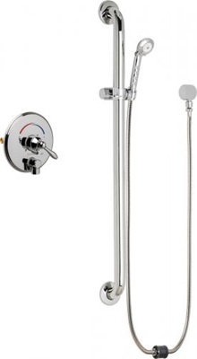 Chicago Faucets SH-TP4-00-064 Tub and Shower System with Pressure Balancing Valve and Auto Drain, 1.75 GPM Hand Spray with Two 34" Stainless Steel Hoses, 36" Wall Mounted ADA Grab Bar with Hand Spray Holder
