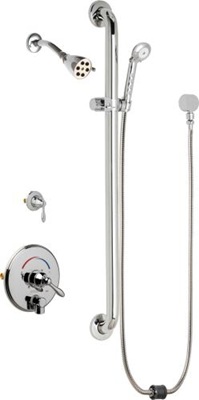 Chicago Faucets SH-TP4-21-024 Tub and Shower System with Auto Drain, 2.5 GPM Shower Head with Adjustable Spray Pattern, 2.5 GPM Hand Spray with Two 34" Stainless Steel Hoses, 36" Wall Mounted ADA Grab Bar with Hand Spray Holder