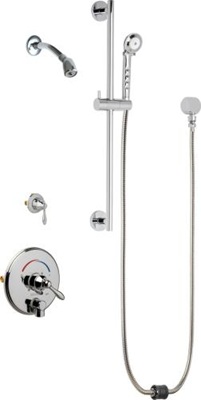 Chicago Faucets SH-TP4-22-021 Tub and Shower System with Auto Drain, 2.5 GPM Shower Head with Swivel Ball Joint, 2.5 GPM Hand Spray, Two 34" Stainless Steel Hoses, 24" Wall Mounted Slide Bar with Hand Spray Holder