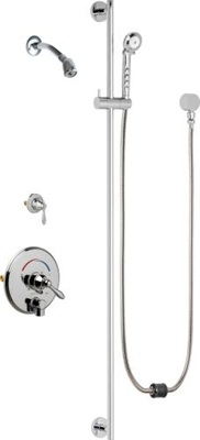 Chicago Faucets SH-TP4-22-022 Tub and Shower System with Auto Drain, 2.5 GPM Shower Head with Swivel Ball Joint, 2.5 GPM Hand Spray, Two 34" Stainless Steel Hoses, 48" Wall Mounted Slide Bar with Hand Spray Holder