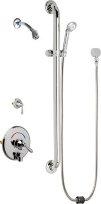 Chicago Faucets SH-TP4-22-024 Tub and Shower System with Auto Drain, 2.5 GPM Shower Head with Swivel Ball Joint, 2.5 GPM Hand Spray, Two 34" Stainless Steel Hoses, 36" Wall Mounted ADA Grab Bar with Hand Spray Holder