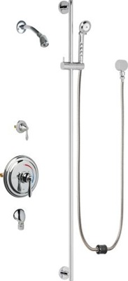 Chicago Faucets SH-TP5-22-022 Tub and Shower System with Auto Drain, 2.5 GPM Shower Head with Swivel Ball Joint, 2.5 GPM Hand Spray, Two 34" Stainless Steel Hoses, Wall Mounted Auto Drain and 48" Slide Bar with Hand Spray Holder